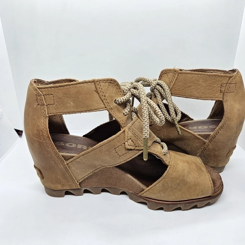 SOREL Joanie Lace Wedge Sandals light brown tan US 8